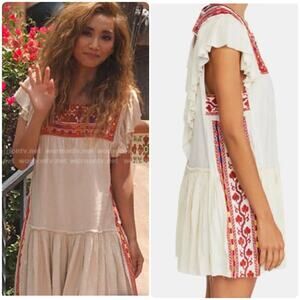 FREE PEOPLE Day Glow Embroidered Mini Dress Tulum Boho Ethnic Tunic Ruffled SP